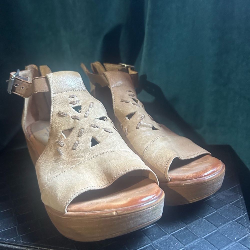 Miz Mooz Beige Leather Wedge Sandals